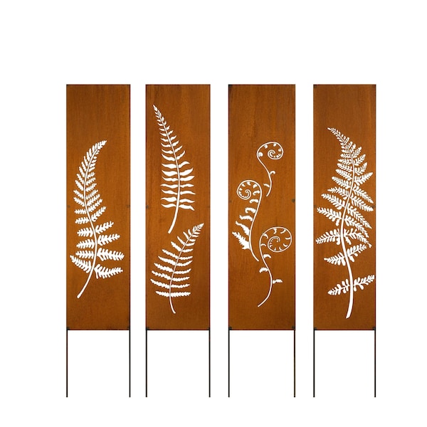 Fern Panel, Rusty Privacy Screen, Garden Panel, 48x12" With Stakes, Garden Décor with Garden Stakes | M916