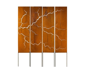 Fractured Rusty Steel Privacy Screen, Garden Art Panel, 12x48"