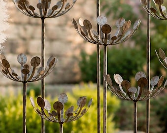 Metal Steel Flower Garden Stakes | Rustic Outdoor Yard Art for Landscaping & Flower Beds