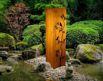 Birds on Branches Garden Column, Landscape Design, Planter, Lighting Box, Metal Garden Lantern, Steel Bollards | C407
