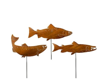 Set of 3 Rusty Metal Salmon Fish Garden Stakes, Outdoor Art Sculpture