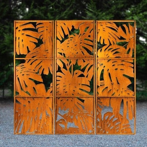 Leafy Branches of the Monstera, Rusty Outdoor Privacy Screen, Patio, Deck, Outdoor Kitchen Decor & Design, Garden Decor | PS518