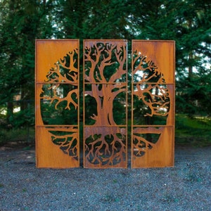 Tree of Life Metal Privacy Screen Set of 3, Large Home & Garden Décor, Metal Garden Art, Rusty Metal | PS512