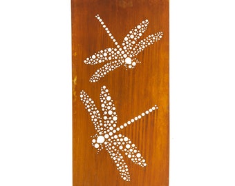 May include: A rusty metal wall art piece featuring two dragonfly silhouettes cut out of the metal. The dragonflies are made up of small circles, creating a dotted pattern.