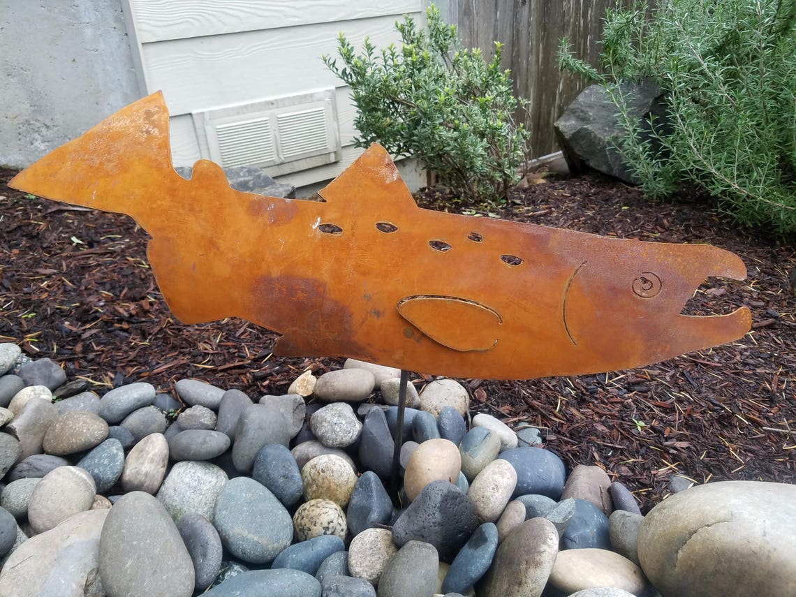 Salmon Fish Stake Outdoor Metal Fish Art Garden Stake Etsy