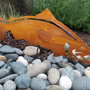 Swimming Salmon Fish Stake | Outdoor Metal Fish Art | Garden Stake | Lawn Or Yard | Metal Salmon Garden Statue | GP186