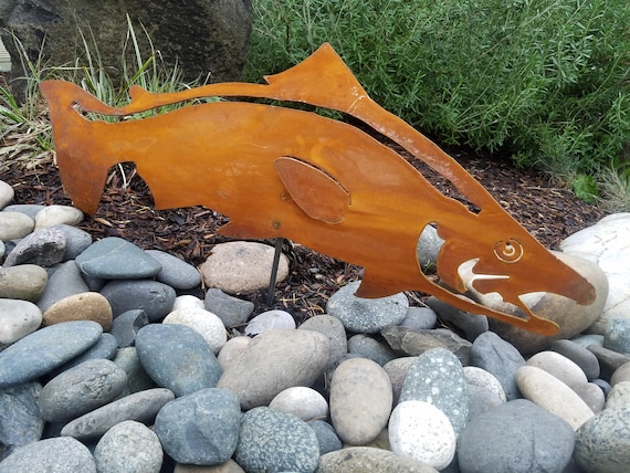 Swimming Salmon Fish Stake Outdoor Metal Fish Art Garden Stake Lawn or Yard  Metal Salmon Garden Statue GP186 
