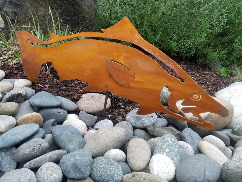 Swimming Salmon Fish Stake | Outdoor Metal Fish Art | Garden Stake | Lawn Or Yard | Metal Salmon Garden Statue | GP186