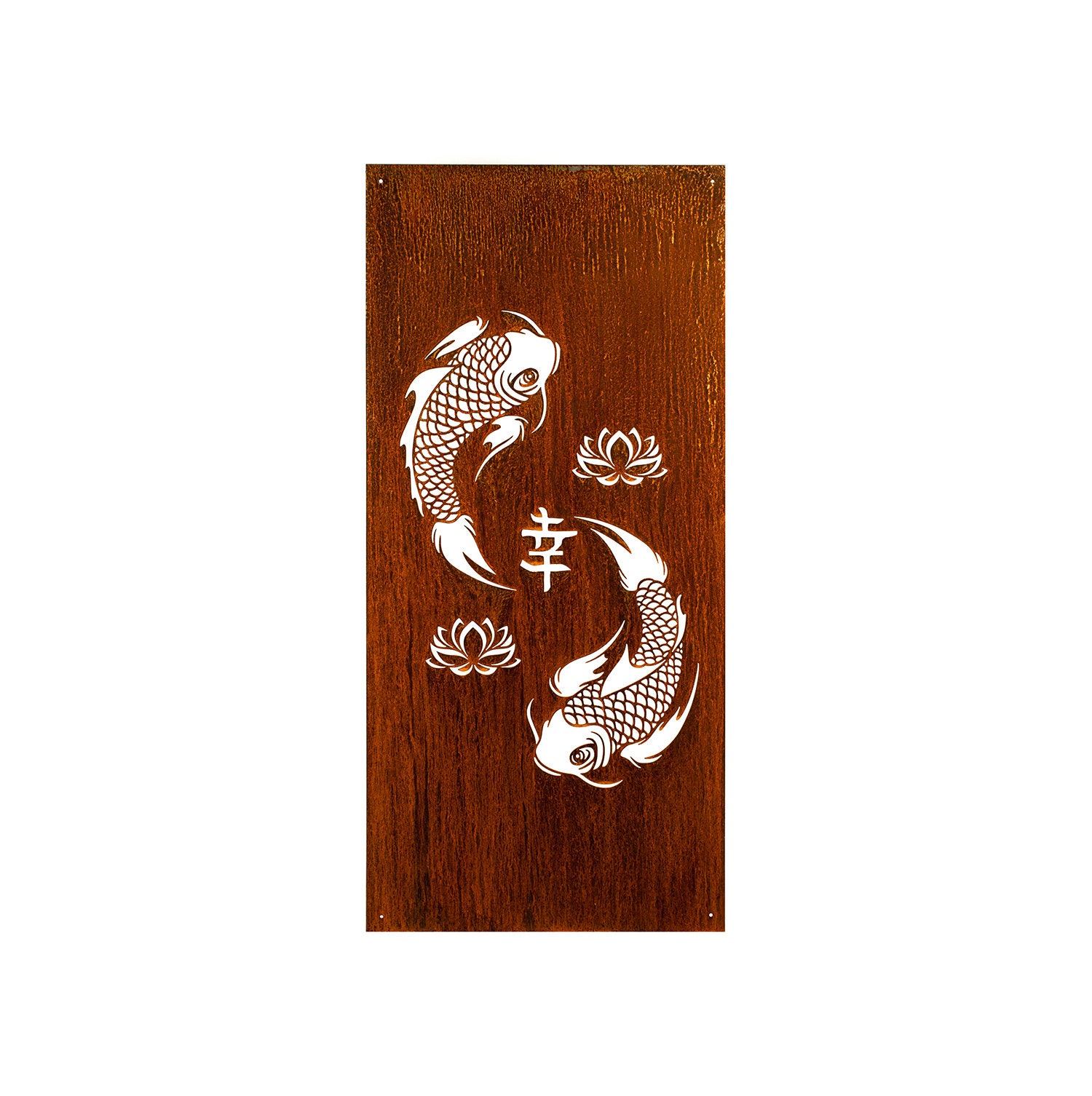 Koi Fish Art With Kanji & Lotus Flower, Patio Privacy, Oversize Metal Art,  Large Privacy Screens, Deck Fencing Screens | P637