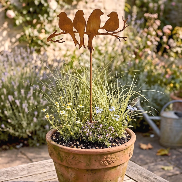 Birds on Branch Metal Garden Stake | Rustic Bird Yard Art | Gift for Bird Lovers GP103