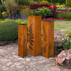Set of 3 Fern Garden Columns, Landscape Design, Fern, Planter, Lighting Box, Steel Bollards | C418