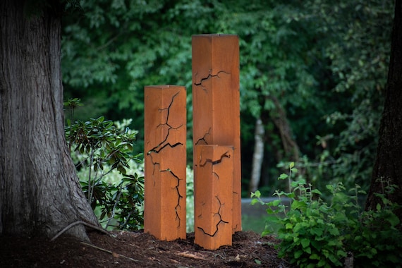 Fractured Garden Column, Landscape Art, Planter, Lighting Box, Metal Garden Lantern, Steel Bollards | C426