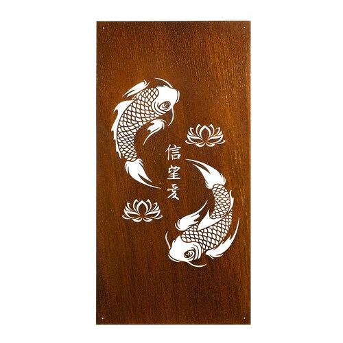 Koi Fish Art With Kanji "Faith, Hope, & Love", Japanese Garden Decor, Large Privacy Screens, Deck Fencing Screens, Lotus Art | P638