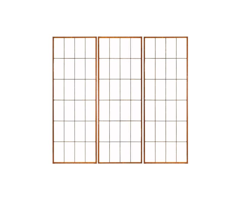 May include: Three brown wooden panels with a grid pattern. Each panel has 10 squares.