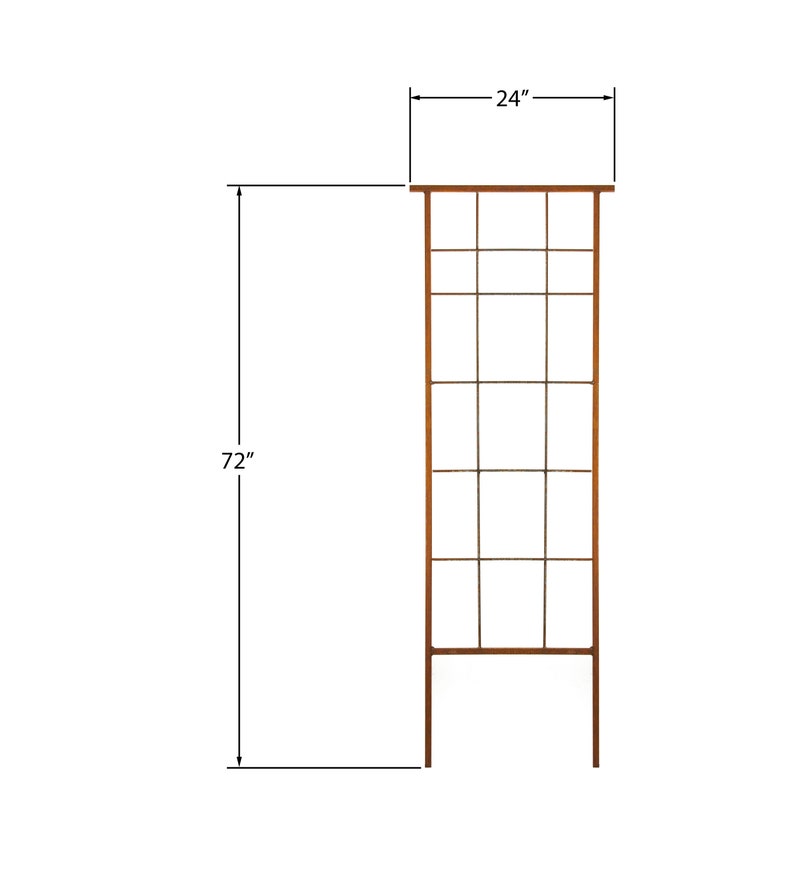 May include: A brown metal trellis with a rectangular frame and a grid pattern. The trellis is 72 inches tall and 24 inches wide.