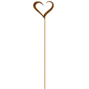 May include: A tall, slender garden stake made of rusted brown metal. The top of the stake features a stylized, open-frame heart shape with pointed ends. The metal surface has a textured, weathered patina consistent with oxidized iron or steel.