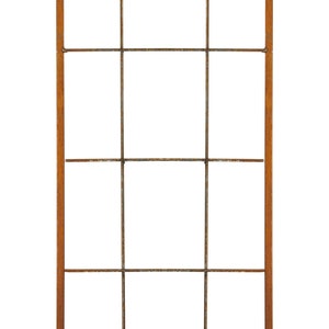 May include: A rusty brown metal trellis with a rectangular frame and a grid of horizontal and vertical bars.