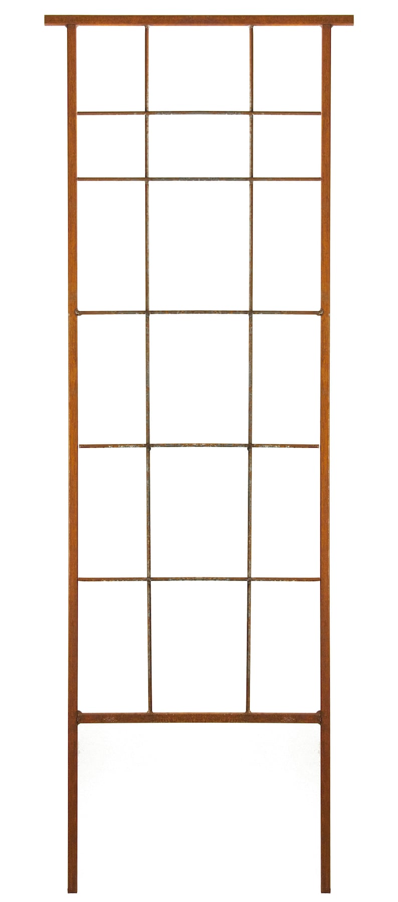 May include: A rusty brown metal trellis with a rectangular frame and a grid of horizontal and vertical bars.