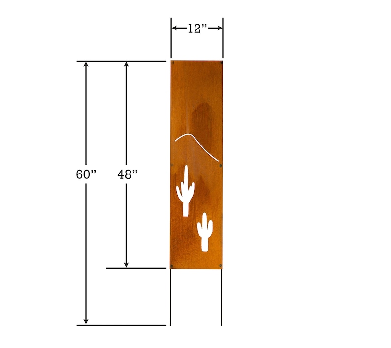 May include: A rusty metal wall art piece featuring a desert landscape with two white silhouette cacti and a mountain range. The piece measures 60 inches tall, 48 inches wide, and 12 inches deep.