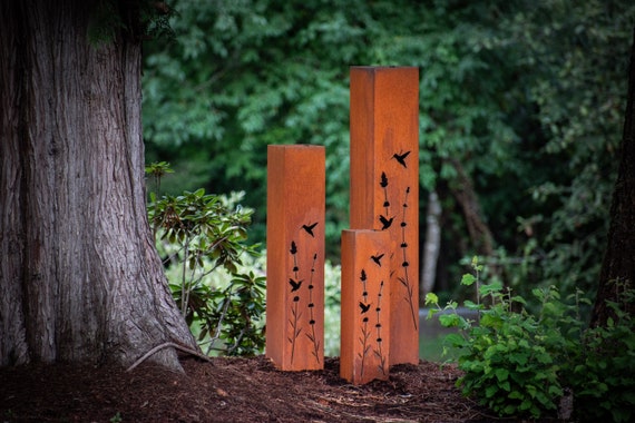 Hummingbird Garden Column, Landscape Art, Planter, Lighting Box, Metal Garden Lantern, Steel Bollards | C433