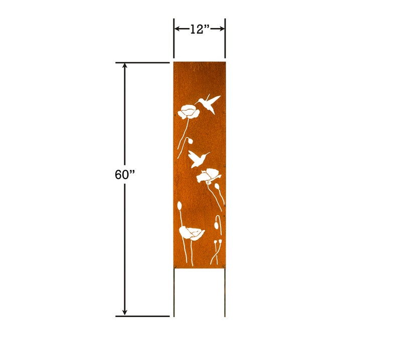 May include: A rust-colored metal garden stake with a hummingbird and poppy flower design. The stake is 60 inches tall and 12 inches wide.