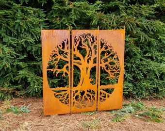 Rusty Metal Privacy Screens, Tree of Life w/ Garden Stakes, Metal Garden Art, Garden Bed Decor, One of a Kind Gift 3 @ 60x16" | M908