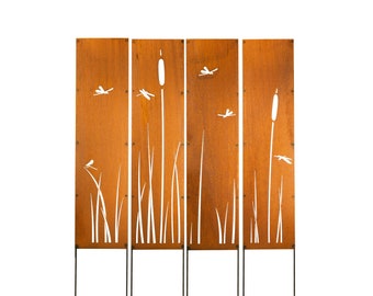 Cattail Panel, Rusty Privacy Screen, Garden Panel, 12" X 48" With Stakes, Garden Décor with Garden Stakes | M953