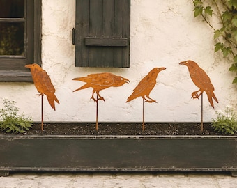 Estacas de jardín Rusty Raven / Juego de 4 adornos de jardín con forma de cuervo, GP198