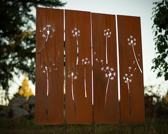 Dandelion Panel, Rusty Privacy Screen, Garden Panel, 12" X 48'', Garden Décor with Garden Stake