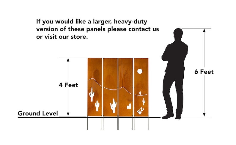 May include: Four metal panels with a desert scene design, each panel is 4 feet tall and 1 foot wide. A person stands next to the panels for scale, they are 6 feet tall.