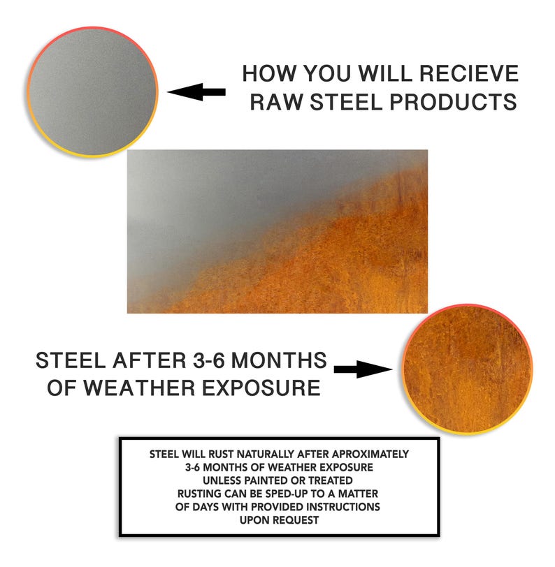 Op de afbeelding: Een diagram dat laat zien hoe ruwe stalen producten na 3-6 maanden blootstelling aan de weersomstandigheden van nature roesten. De afbeelding toont een progressie van een zilverkleurig stalen plaat naar een roestige bruine plaat. De tekst stelt dat roesten in een kwestie van dagen kan worden versneld met de meegeleverde instructies op aanvraag.