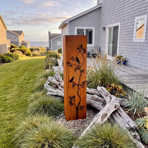 Rusted Steel Garden Column, Birds on Branches Design, Landscape Lighting Box C407