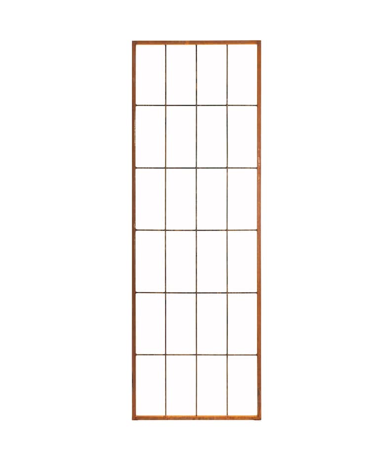 May include: A rustic, rectangular window frame with a grid of 15 squares. The frame is made of brown metal with a weathered, rusty finish.