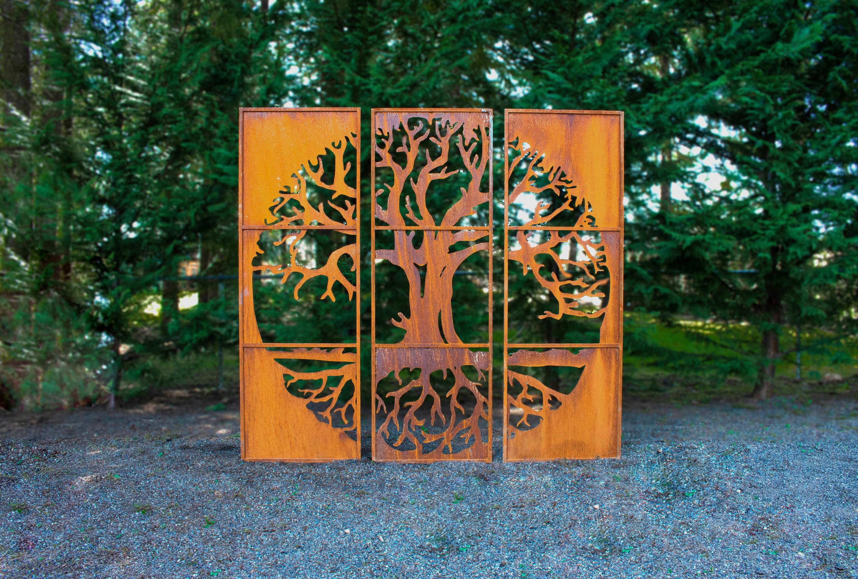 Tree of Life Metal Privacy Screen Set of 3, Large Home & Garden Décor, Metal Garden Art, Rusty Metal | PS512