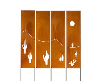 Cactus Panel, Rusty Privacy Screen, Garden Panel, 12" X 60'', Garden Décor with Garden Stakes M948