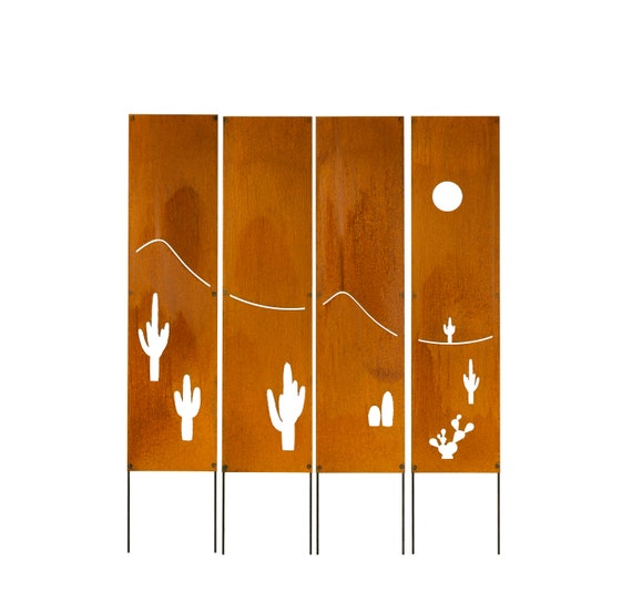 Cactus Panel, Rusty Privacy Screen, Garden Panel, 12" X 48'', Garden Décor with Garden Stakes M948