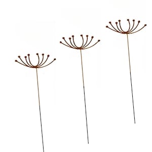 May include: Three brown metal dandelion sculptures with black stems. The sculptures are of varying sizes.