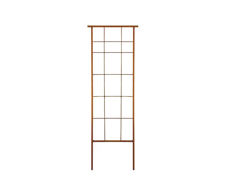 May include: A brown metal trellis with a rectangular frame and a grid of horizontal and vertical bars. The trellis is designed to support climbing plants.