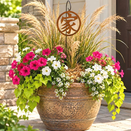 Ornement de jardin avec symbole kanji « Maison et Famille » | Piquet de jardin | Finition rouillée