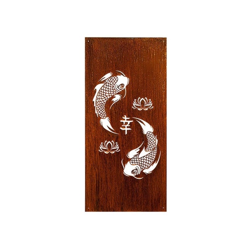 Koi Fish Art With Kanji & Lotus Flower, Patio Privacy, Oversize Metal Art, Large Privacy Screens, Deck Fencing Screens | P637