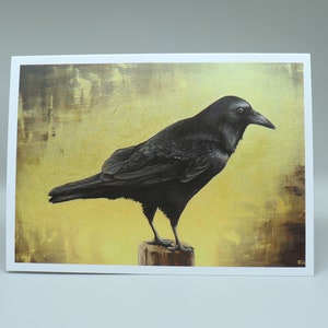 Corbeau noir doré, Carte de vœux vierge, Oiseaux de proie, Paysage de landes, Artiste Jabore