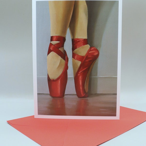 Red Ballet Shoes Blank Greeting Card Dancer on Pointe, Ballerina Artwork Print / Birthday Cards, Art Prints, Greetings by UK Artist