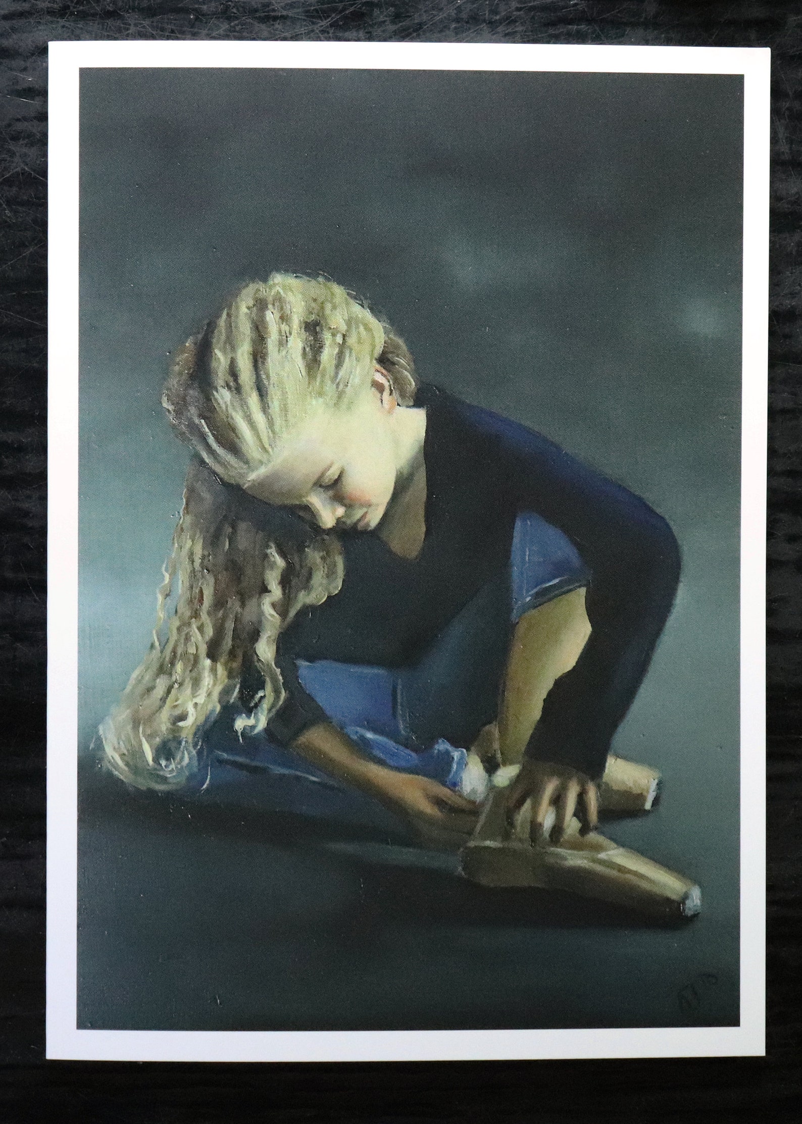 ballerina doing her shoes, blank greeting card, artwork print /birthday cards, young girl ballet painting, art prints by uk arti