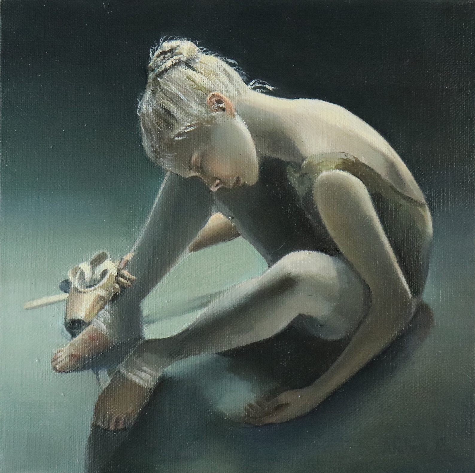 days end, exhausted ballerina, young dancer painting. ballet artwork, not print, original art by alex jabore