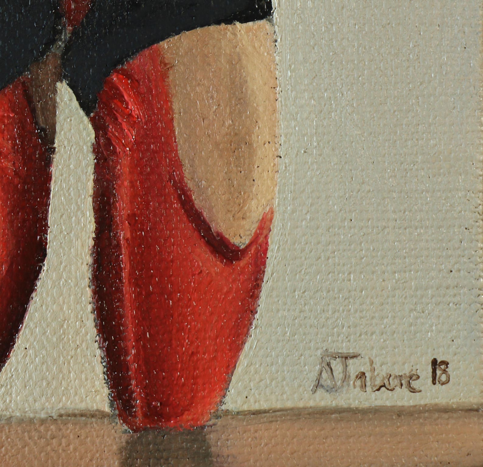 red ballet shoes painting, miniature, wall art, ballet original not print, by uk artist alex jabore