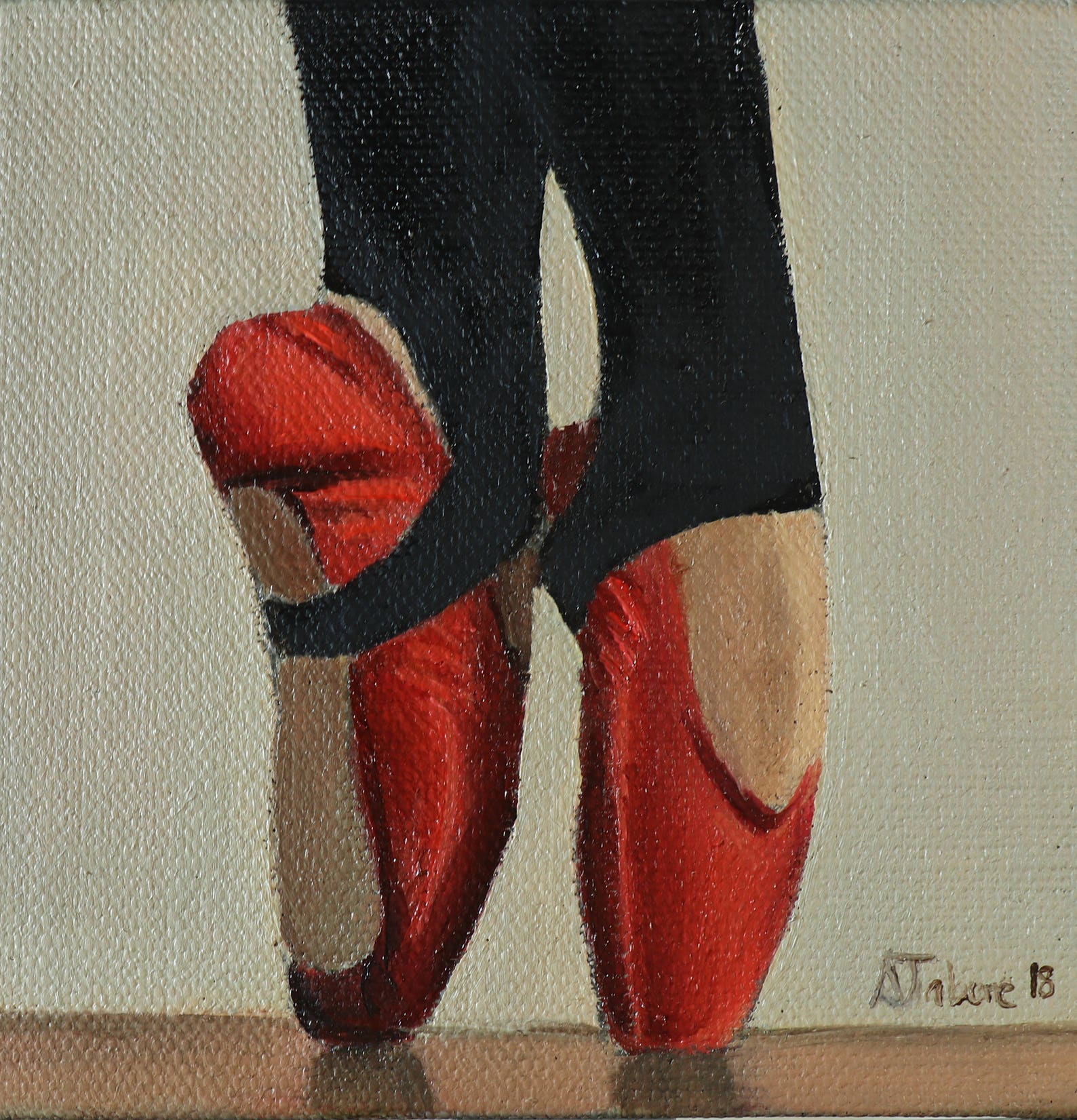red ballet shoes painting, miniature, wall art, ballet original not print, by uk artist alex jabore
