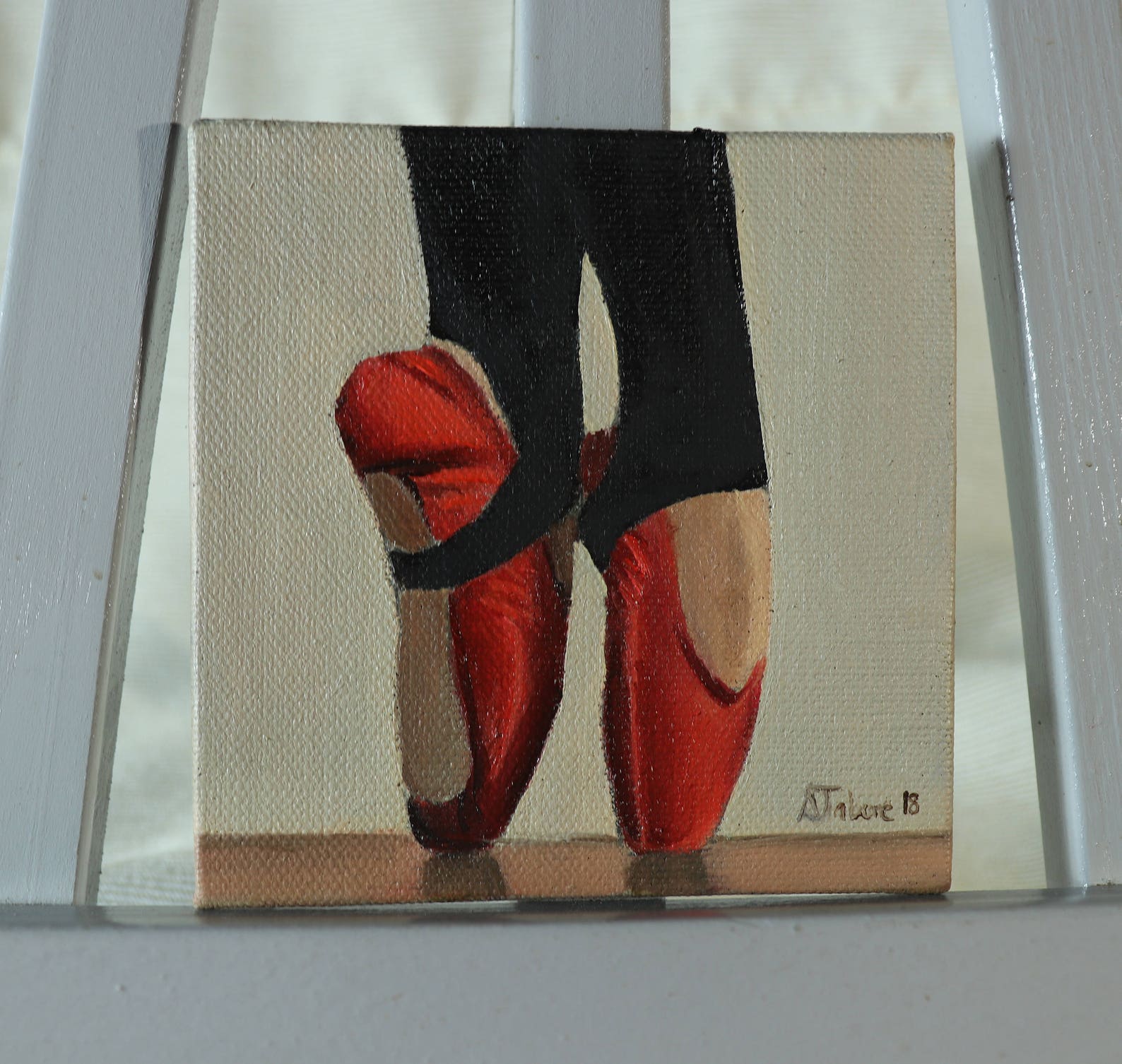 red ballet shoes painting, miniature, wall art, ballet original not print, by uk artist alex jabore