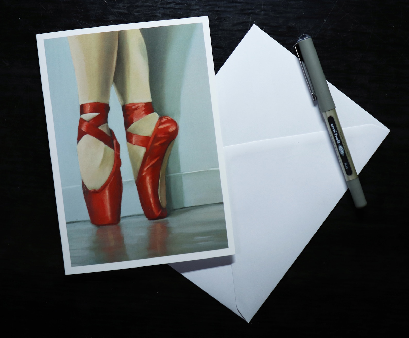 red ballet shoes blank greeting card dancer on pointe, ballerina artwork print / birthday cards, art prints, greetings by uk art