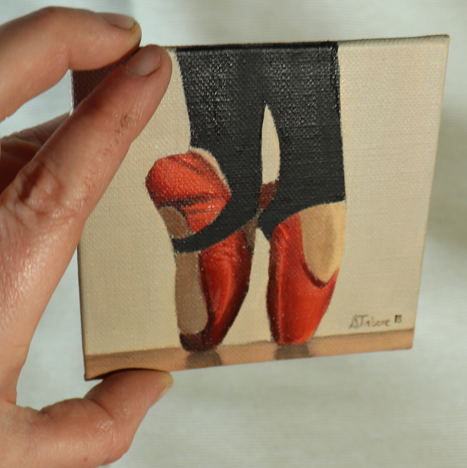 red ballet shoes painting, miniature, wall art, ballet original not print, by uk artist alex jabore