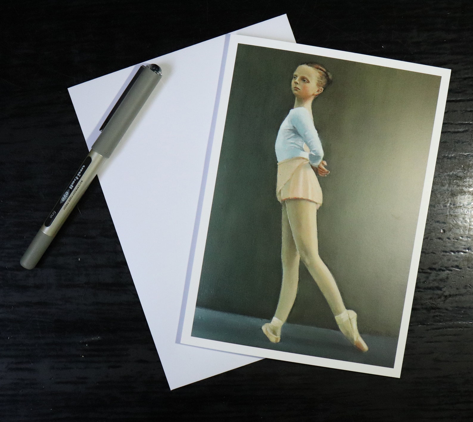 young ballerina, blank greeting card, artwork print /birthday cards, young girl ballet painting, tutu shoes art prints by uk art